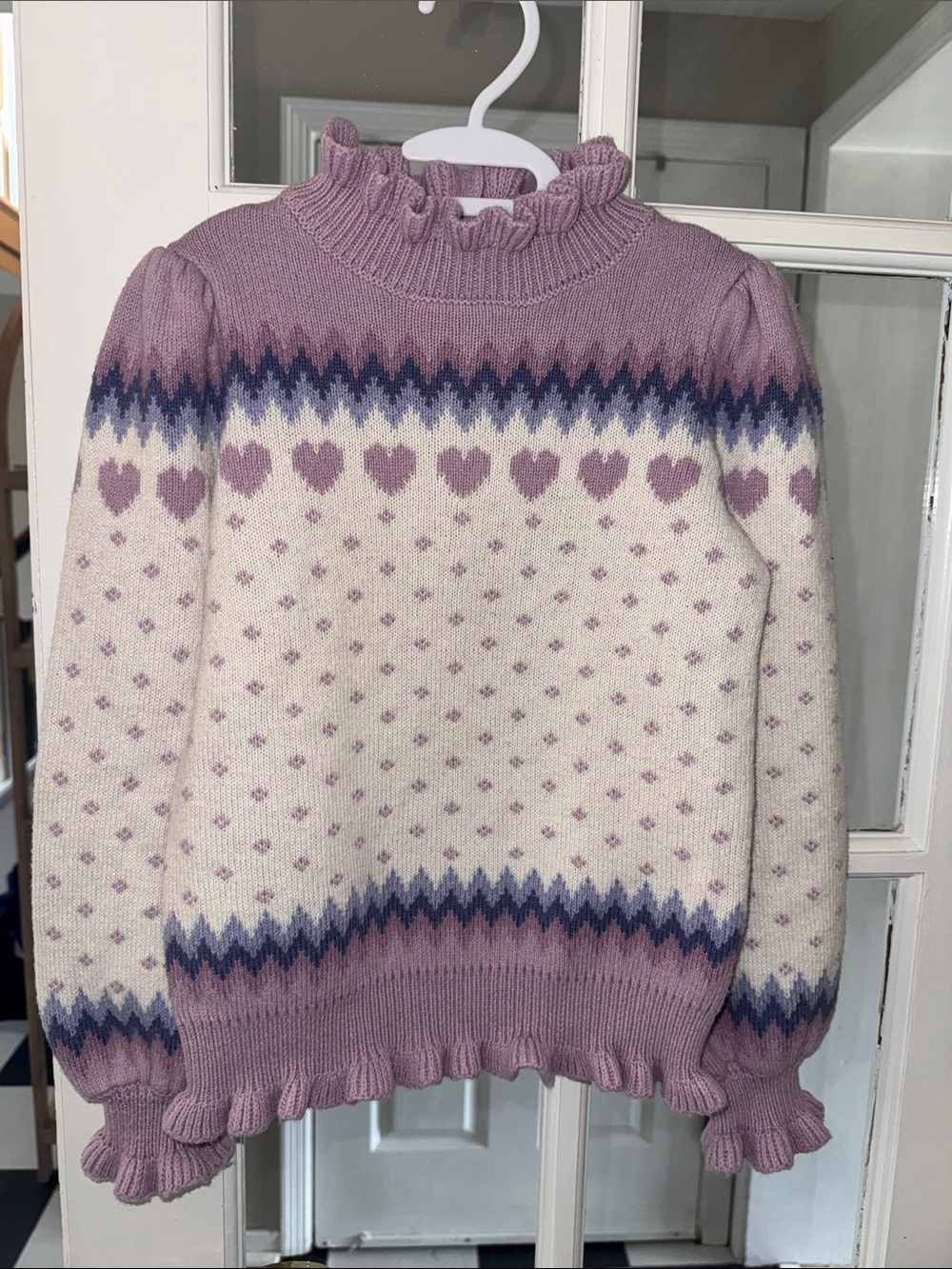 Janie and Jack Cream and Purple Heart-Pattern Ruffled Mock Neck Sweater Size 7